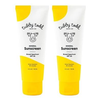 Tubby Todd Mineral Sunscreen SPF 50, Broad Spectrum Lotion for Kids | Water-Resistant for 80 Minutes, Safe for Sensitive Skin, Non-Greasy Feel, 4 fl oz, 2 Pack