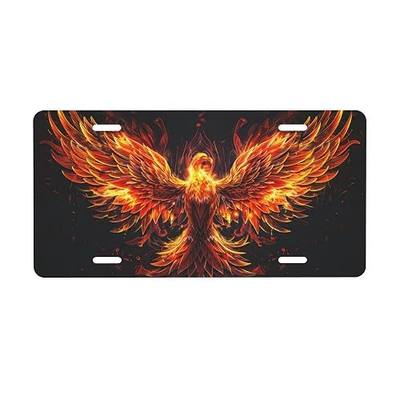 Phoenix Front License Plate Car Designs Stainless License Plate Holder | Golden Animal Flame License Plate for Men Women Metal Aluminum Decorative Accessory Vanity Tag Standard 6 X 12 In 4 Holes