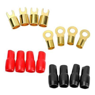 4 Gauge Spade Terminal Connectors, Fork and Ring Crimp Adapters, Red Black Sets | Brass pvc construction, fork ring terminal design, color identification, crimp connection style, fits auto electrical parts