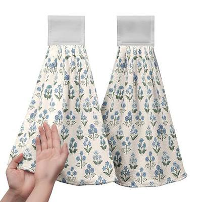 Blue Green Floral Summer Hanging Kitchen Towels Vintage Flowers Hand Towel with Hanging Loop Farmhouse Decorative Bath Tie Towels Soft Absorbent Fingertip Dish Cloth Set of 2
