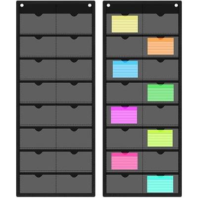 AmazingSpark 2 Pack 3'' x 5'' Index Card Holder Sleeve 16 Slot Plastic Organizer Hanging Wall Mount Business Note Cardholder PVC Clear Organizer Pocket for Classroom Office Library Home (Black)