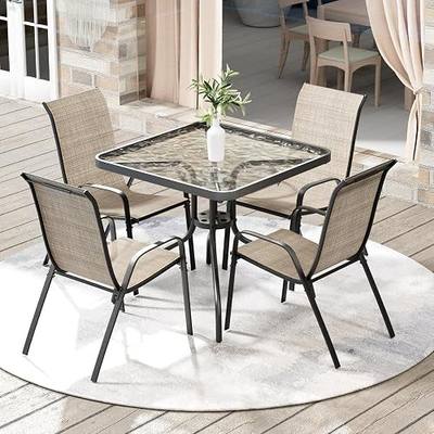 Arlopu 5 Pieces Outdoor Patio Dining Set, Glass Table and Textilene Chair | Stackable Chairs for Saving Space, 30"X30" Table with Metal Frame, 1.69" Umbrella Hole, All Weather for Backyard, Poolside