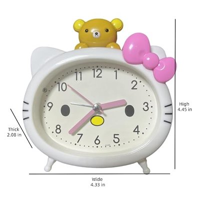 Cute Cat Alarm Clock, Kawaii Alarm Clock,Cartoon Cat Clock,Cute Clock,White with Pink Bow, Yellow Bear Topper, Kids Room Decor (White with Little Bear)