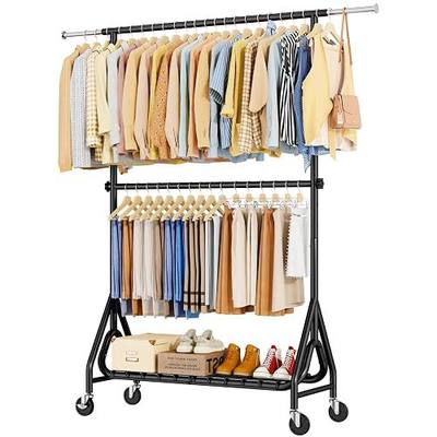 Double Rods Clothing Rack, Heavy Duty Clothes Rack for Hanging Clothes Load 560LBS, Metal Rolling Garment Racks with Wheels, Freestanding Clothes Hanging Racks, Black