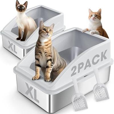 2 Pack Stainless Steel Litter Box | XL Enclosed Cat Litter Boxes with Lid for Big Cats and Multi-Cats | High Sided, Anti-Urine Leakage | Non-Stick Bottom(Silver Gray)