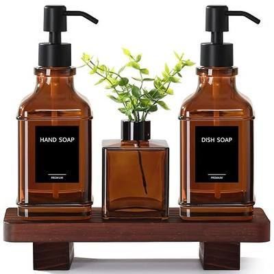 Modern Kitchen Soap Dispenser Set with Wood Tray, Amber Glass Soap Dispensers with Pump, Decorative Hand and Dish Soap Dispenser Set, Soap and Lotion Dispenser Upgrade for Kitchen and Bathroom Decor
