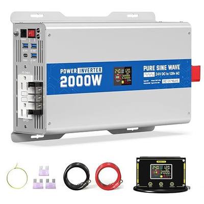 2000W Pure Sine Wave Power Inverter 24V DC to 120V AC Converter 4000 Watt Peak Power Multi-Display Screen with 2 GFCI Outlet 30W USB and 18W Type-C for Car RV Truck Boat Off-Grid, Gray Blue