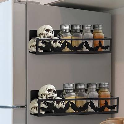 Beeveer 2 Pack Bat Magnetic Spice Rack for Refrigerator Metal Magnet Basket Shelf for Fridge Seasoning Storage Organizers Home Decor Kitchen Accessories (Black)