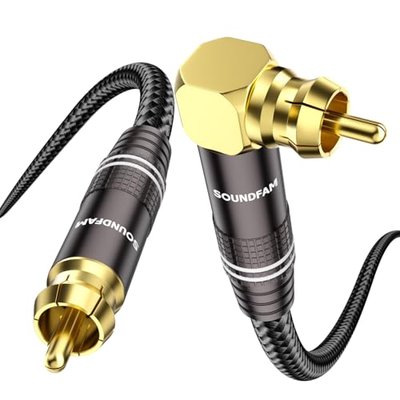 SOUNDFAM 90° Right Angle Subwoofer Cable 10FT – RCA to RCA, 75Ω OFC Coaxial, Dual Shielded for Home Theater, Hi-Fi Audio Systems – Gold Plated
