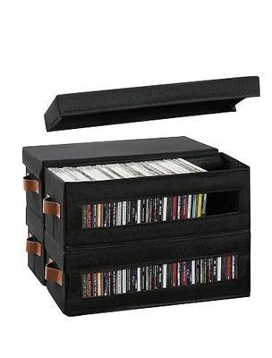 4 Packs CD Storage Box with Visible Window, Stackable CD Case Holder with Dustproof Lid and Handles, Holds Up to 148 CDs in Full Jewel Cases-15.75 x 6.10 x 5.31 Inches-Black