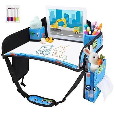 Kids Travel Tray, Kids Travel Trays for Car Seat, Road Trip Essentials for Toddler, Carseat Lap Tray with Dry Erase Board & Storage Organizer for Road Trip Activities for Kid, Light Blue