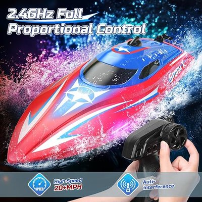 20MPH+ RC Boat for Kids & Adults, Remote Control Boat for Pool & Lake | Full Proportional Waterproof RC Racing Boat with Lights. 30 mins Play Time with 2 Batteries. 2.4GHz Anti-interference.
