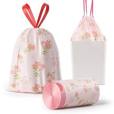 Trash bags, 4 Gallon Trash Bags Drawstring, Colorful & Portable Small Trash Bags with Lily Printed, Tear-Resistant Garbage Bags 4 Gallon for Bathroom Office Trash Cans, 78 Count