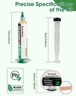Kaisiking Solder Flux & Desoldering Wick for Electronics Soldering, Rework | No Clean Soldering Flux for PCB, SMD & DIY Projects| 0.1" Braided Copper Desolder Wick & 10cc Flux Paste