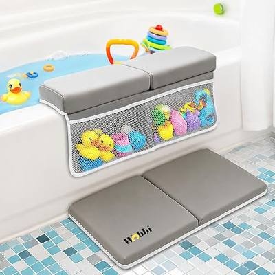Wobbi Baby Bath Kneeler and Elbow Rest Pad Set | Extra Thick Memory Foam Support for Comfortable Bath Time | Non-Slip Suction Base | 4 Storage Pockets & Quick-Dry Design for Parents | Gray