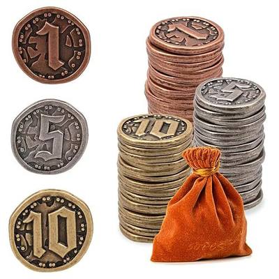 50PCS Metal Coins for Board Games, Gold & Silver Tokens for DND RPG Strategy Tabletop Gaming Poker LARP Pirate Party, Heavy Duty Fantasy Game Coins (Mixed Set - Value 1 5 10)