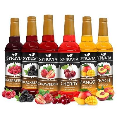Syruvia Summer Fruit Syrup Variety Pack – Strawberry, Blackberry, Raspberry, Cherry, Mango & Peach – 25.4 fl oz Bottles – Perfect for Summer Sodas, Lemonades, Iced Teas, and Cocktails! (6-Pack)
