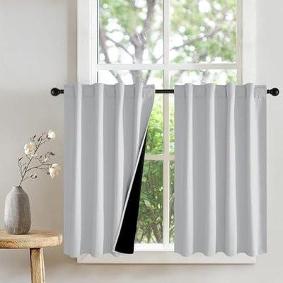 PONY DANCE White 100% Blackout Short Curtains 45 Inch Length for Kitchen, Thermal Insulated Cafe Curtains for Bathroom/Camper/Dorm, RV Small Window Drapes with Black Backing, 2 Panels Set, 34″Wx45″L