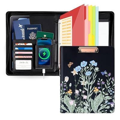 Ospelelf Leather Clipboard with Storage, Zippered Padfolio Portfolio Organizer, 3 Ring Binder 1 Inch, Notepad, Tablet Sleeve, 5 Dividers with Pocket for Office,Students, Teachers Night Flowers