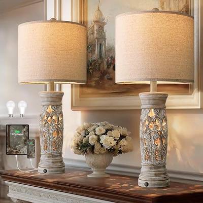 BOBOMOMO 27.25” Rustic Farmhouse Table Lamps Set of 2 – Vintage Bedside Lamps with Night Light & USB A+C Ports, Retro Lamps for Bedroom, Living Room, Entryway, Cozy Corner (Bulbs Included)