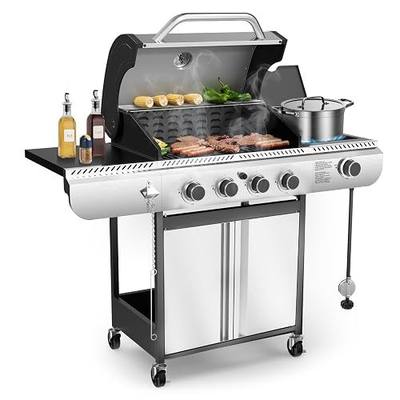 Electactic 4-Burner Gas Grill with Side Burner,Stainless Steel Propane Grill with Porcelain-Enameled Grills,Built-In Thermometer,42000BTU BBQ Grill for Outdoor Cooking and Patio Barbecues