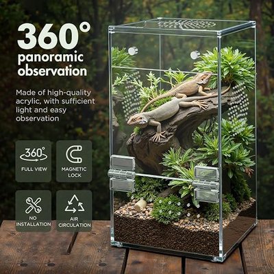 Pre-Assembled Jumping Spider Enclosure, Acrylic Terrarium with Magnetic Door & All-Side Ventilation, Habitat for Spiderling, Mantis, Tarantula, Snail, 3.5"×3.5"×7" (Tweezer & Temp Sticker Included)