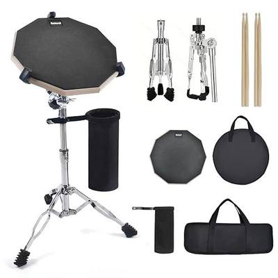 Drum Practice Pad Set, 12 Inch Double Sided Silent Drum Pad with Storage Bag + Adjustable Snare Drum Stand with Carry Bag + 2 Pair Drum Sticks with Drumstick Holder, Fits 10"-14" Drums (Black)