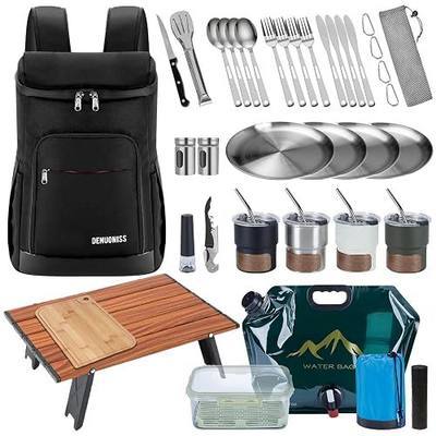 Picnic Backpack Set with Fold Table, Water Bag, Cooler Ice Box & Stainless Steel Utensils - Portable Outdoor Camping Gear for Family Picnics & Hiking (Black, A-4 Person)