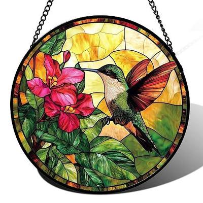 Stained Glass Suncatcher, Hummingbird Red Flowers Green Leaves Sun Catcher Stain Glass Window Hanging Decoration Mother's Day Birthday Gifts for Bird Lover Women Men Mom Nana 6.3 in