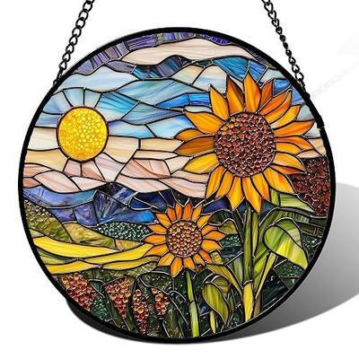 Stained Glass Suncatcher, Sunflower Flowers Landscape Sun Catcher Plant Mountains Stain Glass Window Hanging Decoration Mother's Day Birthday Gifts for Women Men Mom Nana 7.8 in