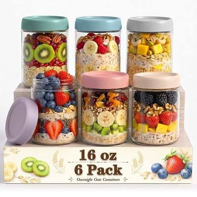 Mason Jars, 16 oz Overnight Oats Containers with Lids, Glass Jar with Lid | 6 Pack Wide Mouth Glass Mason Jars with Airtight Lids, Overnight Oats Jars for Yogurt, Meal Prep, Chia Pudding, Storage, Home