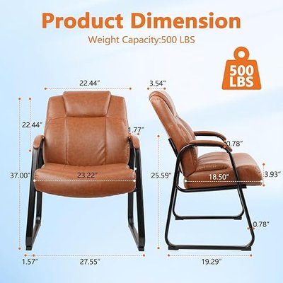 CLATINA Big Tall 500 LBS Wide Guest Chair Heavy Duty, Leather Side Reception Chairs with Sled Base and Armrest, Executive Office Desk Chair No Wheels for Meeting Conference Waiting Room Home, Brown