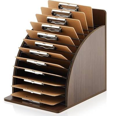 Wonderjune 1 Pack Clipboard Holder Wooden Metal Clipboards Storage Rack with Raised Side Panel, Back to School Supply for Classroom Office School Teacher, Clip Boards Not Included(Walnut)