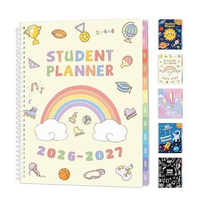 SUNEE Elementary Student Planner 2026-2027, Academic Year Jul. 2026 - Jun. 2027, 8.5"×11" School Planner, Datebooks Weekly & Monthly Plan Book with 3-Hole Punched/Bookmark/Monthly Tabs, Beige Rainbow