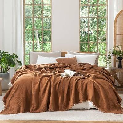 MooMee 100% Cotton Muslin Blanket, Fringed 4-Layer Gauze Bed Throw Blankets | Soft Breathable Lightweight Thin Coverlet Summer Blankets for Adults, Bed & Couch All Seasons, Drak Orange, 108" x 98"