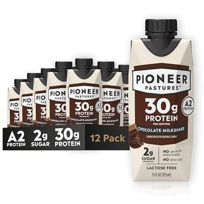 Pioneer Pastures High Protein A2 Milkshakes, Chocolate, 11oz, 12 Pack | A2 Protein Shake, 30g Protein, Ultra-Filtered, Lactose Free, 2g Sugar, No Seed Oils, No Artificial Sweeteners