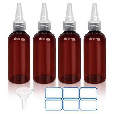 DTDNZKN 4 Pack 1 Oz (30ml) Amber Plastic Essential Oil Bottles | Pointed Mouth Top Bottle with Funnel, Labels for Liquid Storage - No Dropper