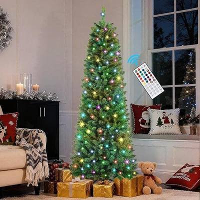 Shareconn RGB 7ft Prelit Artificial Christmas Tree with Remote Control, Multi-Color LED Changing RGB Lights, Perfect Choice Decoration for Xmas Holiday 7 FT Pre-Lit Pencil Tree, Green