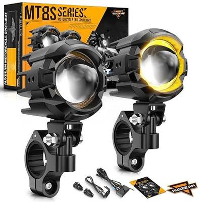 Auxbeam Motorcycle Auxiliary Lights Fog Lights LED Driving Light Spotlight with Halo DRL, White/Amber 8 Modes Dual-Color Strobe LED Offroad Work Lights for Motorcycle SUV ATV Trucks