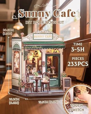 CUTEBEE Book Nook Kit DIY Miniature House Coffee Shop Dollhouse Kit | Booknook Bookshelf Decor Alley Model Build with LED Light, DIY Craft Gifts for Adults and Teens (Sunny Cafe)
