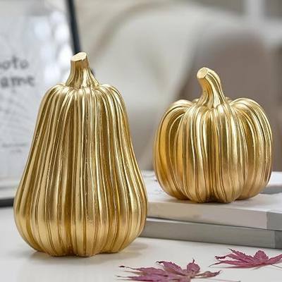 FESTGLOX Gold Fall Pumpkin Decor, Resin Pumpkin Figurines for Decorating | 2Pcs Decorative Pumpkins with Stripes for Tabletop Decoration, Indoor Home, Autumn Kitchen, Thanksgiving Mantel Decor