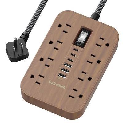 Walnut Power Strip with USB Ports - 5 FT | 1625W Wood Power Strip with 8 AC Outlet 6 USB, For Brown Tan Wood Walnut Grain Aesthetic Vintage Rustic Desk Decor