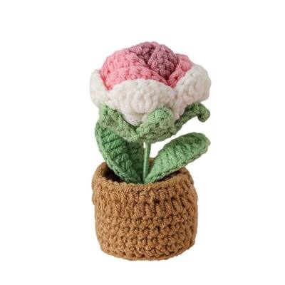 Rose Pin Cushion, Handmade Knitted Pincushions, Cute Pin Cushions Needle Holders for Sewing Quilting Accessory, DIY Crafts or Patchwork Decor.Potted White Pink Rose