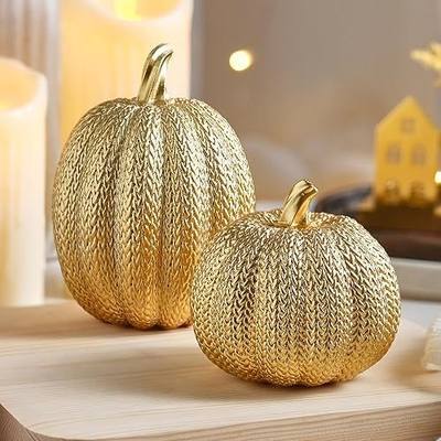 FESTGLOX Pumpkin Fall Decor Indoor, 2Pcs Resin Gold Pumpkin for Decorating | Thanksgiving Pumpkins Decor with Woven Effect for Table Centerpiece, Fireplace, Autumn Harvest Party Decorations