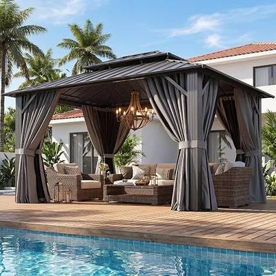 Aoxun 10x12 Gazebo Hardtop Gazebo with Double Galvanized Steel Roof Outdoor Pavilion with Breathable Netting and Privacy Curtain for Backyard (Gray)