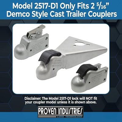 Proven Industries 2517-D1 Trailer Lock - Demco Cast Coupler, Black | Demco cast coupler fitment, hardened steel construction, includes 2 keys, USA-made.