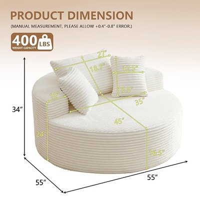Oversized Round Chair Lounge Chaise Indoor, Upholstered Corduroy Deep Seat Cloud Large Circle Sofa Chair, No Assembly Required, Fluffy Modern Sleeper Sofa Bed for Reading, Living Room, Bedroom, White