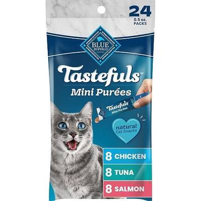 Blue Buffalo Tastefuls Mini Purées Natural Cat Treats, Chicken, Tuna, Salmon Variety Pack, 0.5 oz. Single Servings, 24-Count