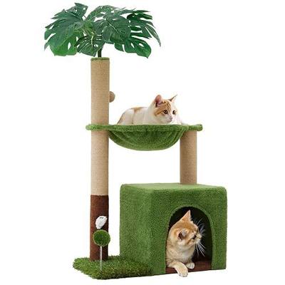 WOOCHPET Palm Tree Cat Tree 37 Inch Scratching Post Tower Tropical Jungle Playground with Natural Jute Sisal Rope Cozy Plush Hammock Private Cave Condo Toy Mouse Stable Faux Grass Base
