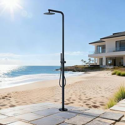 RBROHANT Freestanding Outdoor Shower Black, 316 Marine Grade Stainless Steel Beach Shower, Free Standing Hot and Cold Water Pool Shower with 10’’ Rain Shower Head and Wand, Matte Black, Floor Mounted
